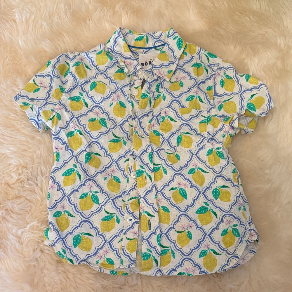 Mini Boden Lemon Print Button Down Shirt - Yellow and Green